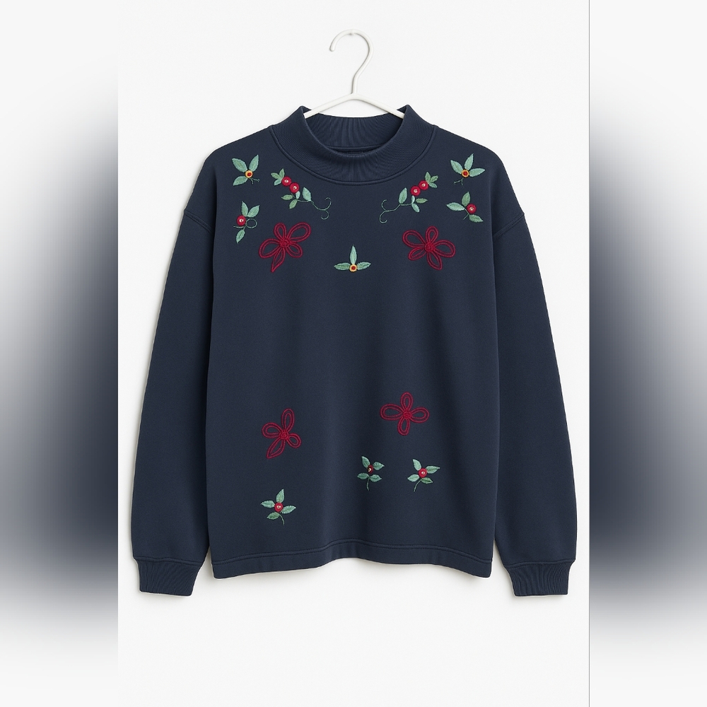 Vintage 90s Second Wind Embroidered Sweatshirt – Navy, Floral & Berries – Size L